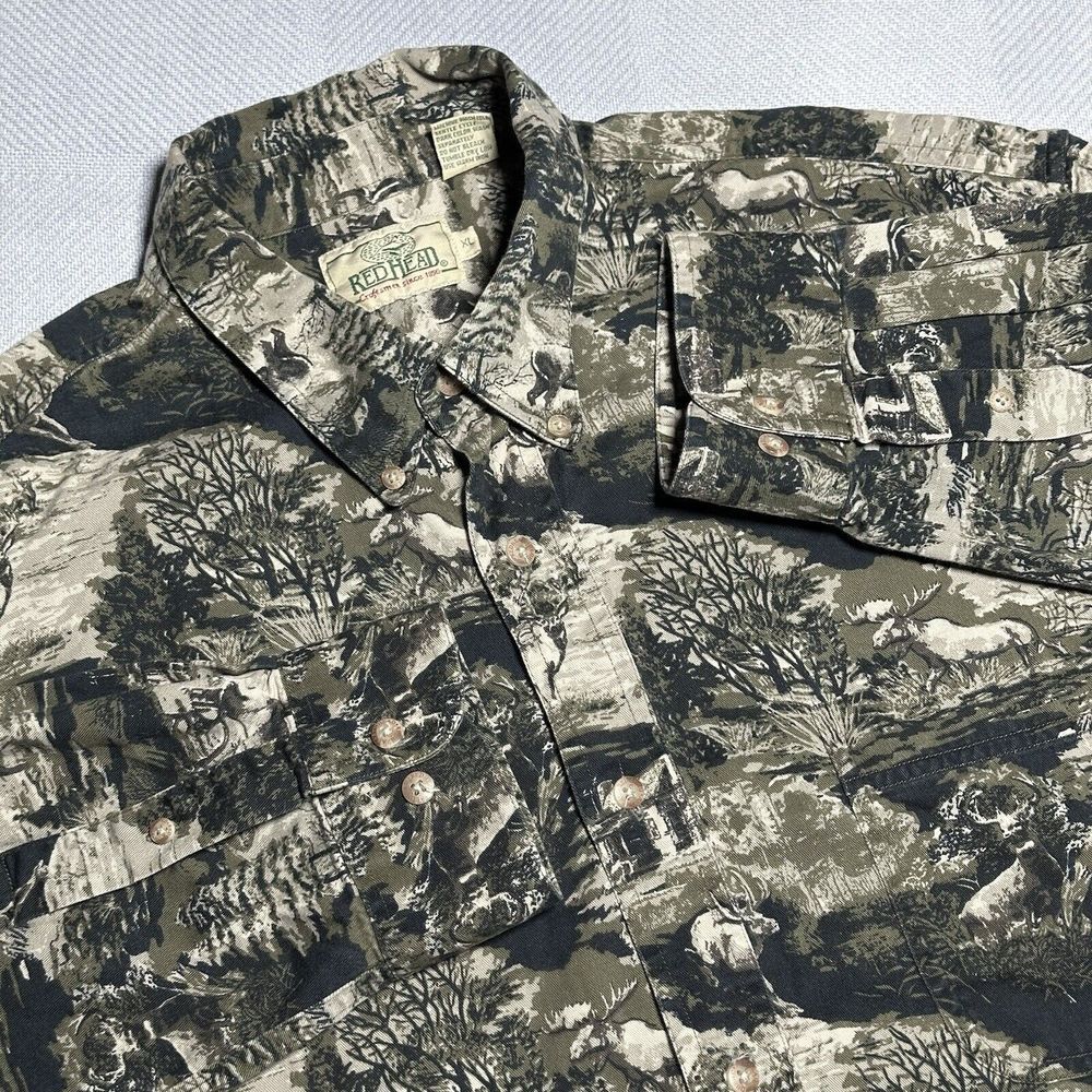 Red Head Deer Elk Moose Camo All Over Print‎ Hunting Button Up Shirt Size XL